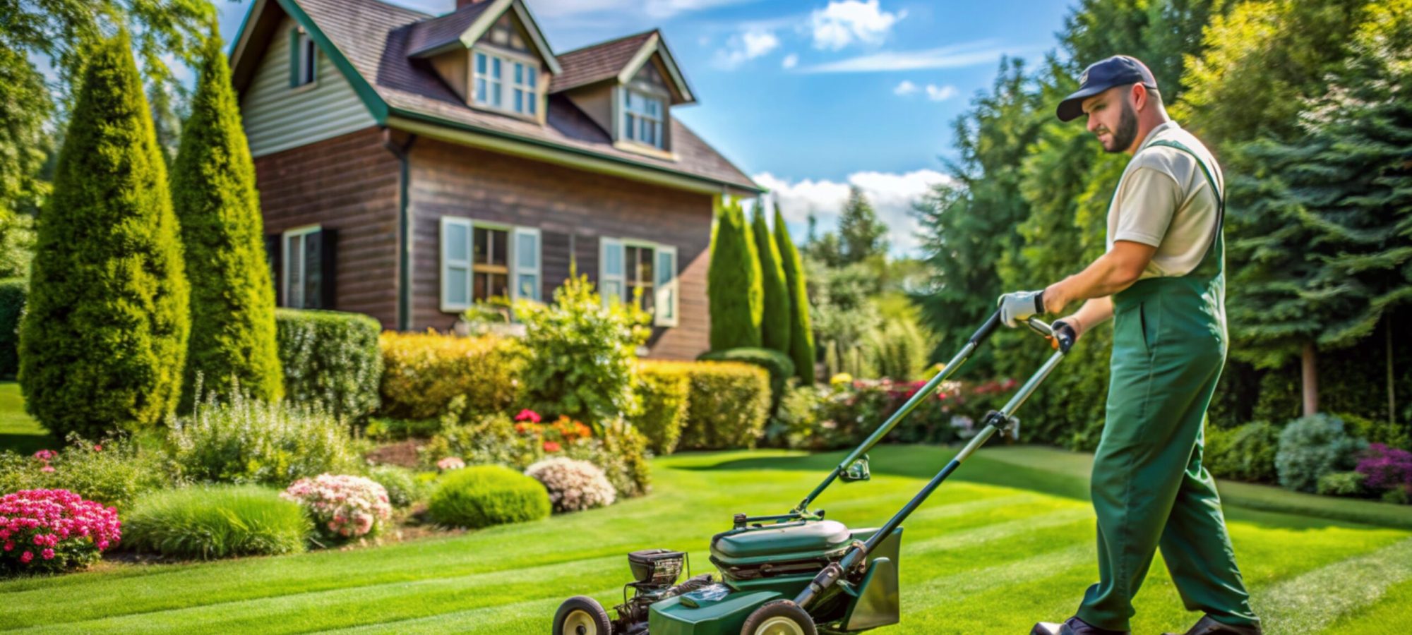 Emerald green lawn mowing landscape maintenance. Garden or backyard landscape service and lawn maintenance with gas mower